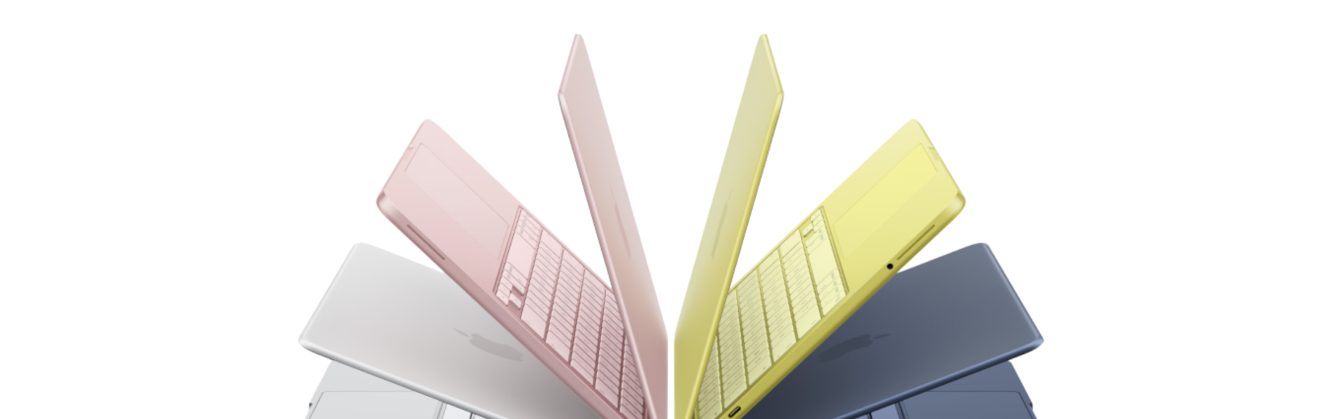 Smukłe laptopy Apple MacBook Neo ustawione wachlarzowo w kilku wariantach kolorystycznych – różowym, żółtym, srebrnym i granatowym – prezentujące lekką aluminiową konstrukcję i nowoczesny design najtańszego laptopa Apple opisanego w artykule przyspieszkomputer.pl