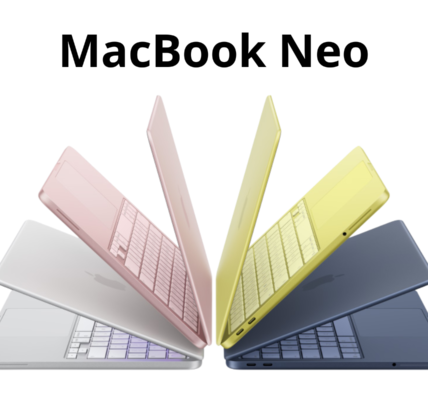 Smukłe laptopy Apple MacBook Neo ustawione wachlarzowo w kilku wariantach kolorystycznych – różowym, żółtym, srebrnym i granatowym – prezentujące lekką aluminiową konstrukcję i nowoczesny design najtańszego laptopa Apple opisanego w artykule przyspieszkomputer.pl
