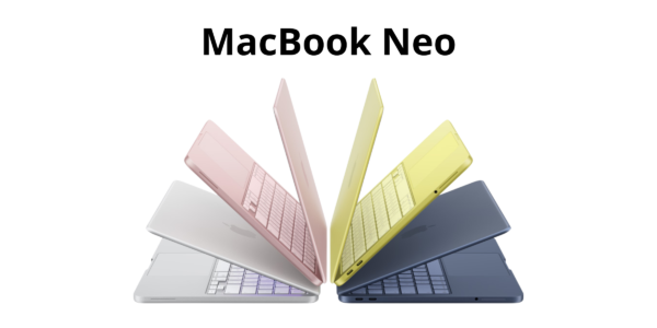 Smukłe laptopy Apple MacBook Neo ustawione wachlarzowo w kilku wariantach kolorystycznych – różowym, żółtym, srebrnym i granatowym – prezentujące lekką aluminiową konstrukcję i nowoczesny design najtańszego laptopa Apple opisanego w artykule przyspieszkomputer.pl