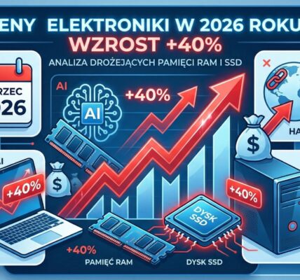 Infografika pokazująca wzrost cen elektroniki w 2026 roku o 40%, z wykresem rosnącym, ikonami laptopa, serwera, pamięci RAM i dysku SSD oraz odniesieniami do AI, handlu i daty marzec 2026, podkreślająca wpływ popytu i rynku na ceny sprzętu komputerowego – więcej informacji na stronie z artykułem.