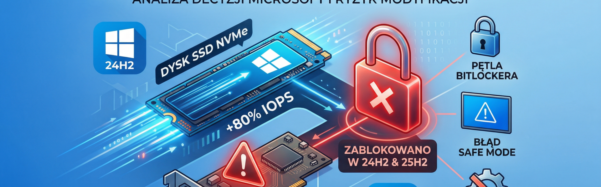 Grafika prezentuje dysk SSD NVMe z oznaczeniem wzrostu wydajności IOPS oraz redukcji obciążenia CPU, zestawiony z ikoną blokady i komunikatem o zablokowaniu funkcji w Windows 11 24H2 i 25H2. Obok widoczne symbole błędów, BitLockera i konfliktów sterowników, co obrazuje problemy opisane w artykule na przyspieszkomputer.pl