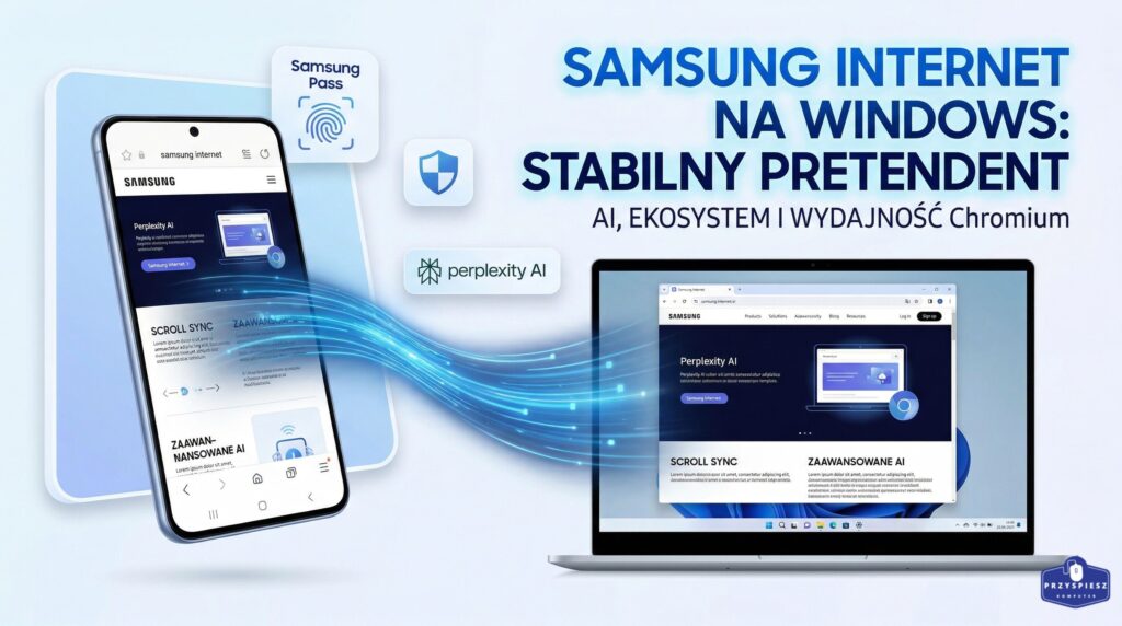 Smartfon Samsung i laptop z Windows prezentujące przeglądarkę Samsung Internet, między urządzeniami widoczna animacja synchronizacji danych, ikony Samsung Pass, zabezpieczeń i Perplexity AI podkreślające funkcje AI oraz integrację ekosystemu Galaxy opisaną w artykule – więcej informacji na przyspieszkomputer.pl