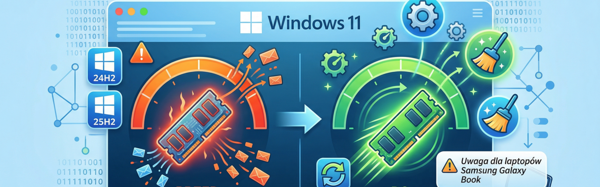 Infografika pokazująca problem wysokiego zużycia pamięci RAM w Windows 11 przez usługę DoSvc oraz efekt po zastosowaniu poprawek – przejście od przeciążonej pamięci do zoptymalizowanej pracy systemu, z uwzględnieniem aktualizacji KB5079473 i ostrzeżeń dla laptopów Samsung Galaxy Book; więcej informacji na przyspieszkomputer.pl