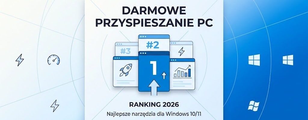 Grafika promująca ranking darmowych programów do przyspieszania komputera w 2026 roku. W centrum widoczna biała karta z napisem „Darmowe przyspieszanie PC”, ikonami okien, rakiety i wykresu oraz tłem w odcieniach niebieskiego z symbolami Windows. Więcej informacji na ten temat można znaleźć w artykule na przyspieszkomputer.pl