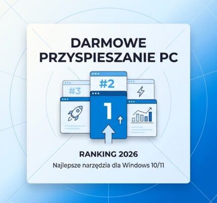 Grafika promująca ranking darmowych programów do przyspieszania komputera w 2026 roku. W centrum widoczna biała karta z napisem „Darmowe przyspieszanie PC”, ikonami okien, rakiety i wykresu oraz tłem w odcieniach niebieskiego z symbolami Windows. Więcej informacji na ten temat można znaleźć w artykule na przyspieszkomputer.pl