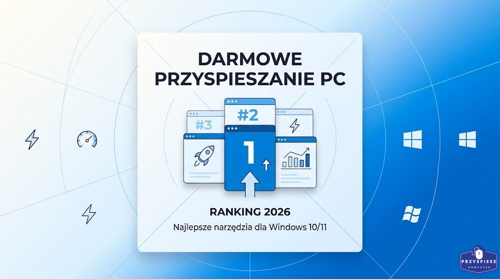 Grafika promująca ranking darmowych programów do przyspieszania komputera w 2026 roku. W centrum widoczna biała karta z napisem „Darmowe przyspieszanie PC”, ikonami okien, rakiety i wykresu oraz tłem w odcieniach niebieskiego z symbolami Windows. Więcej informacji na ten temat można znaleźć w artykule na przyspieszkomputer.pl