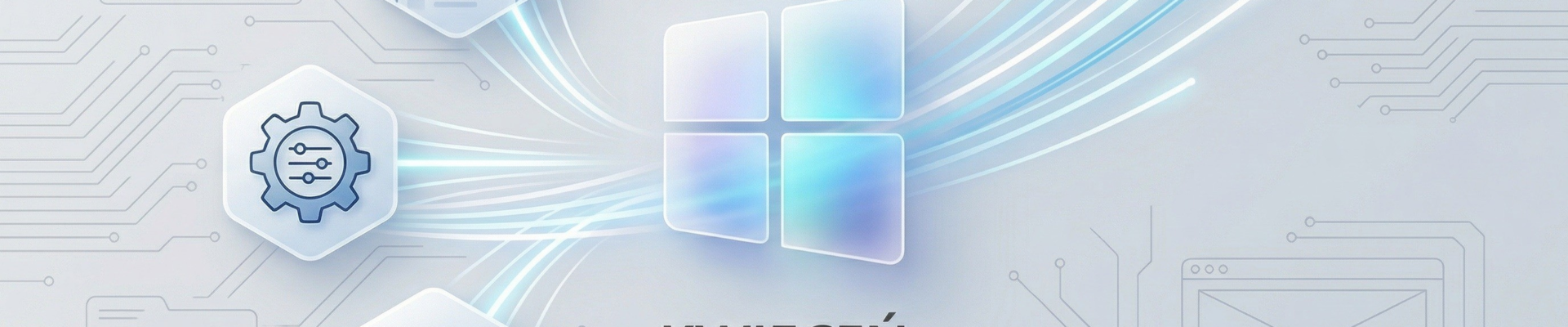 Jasna grafika z logo Windows 11 pośrodku, otoczonym ikonami Startu, ustawień, aplikacji i Eksploratora plików oraz liniami przypominającymi obwody. Kompozycja podkreśla kwietniowe zmiany w wydajności systemu i jego kluczowych funkcjach, a więcej informacji można znaleźć na stronie z artykułem.