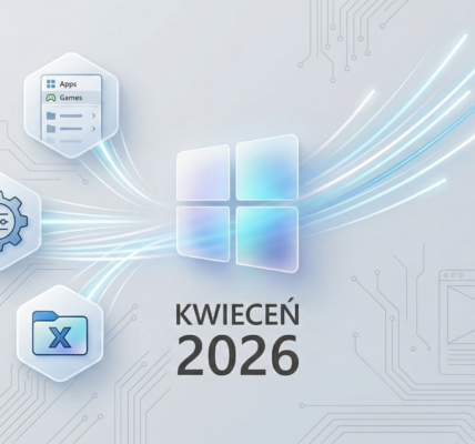 Jasna grafika z logo Windows 11 pośrodku, otoczonym ikonami Startu, ustawień, aplikacji i Eksploratora plików oraz liniami przypominającymi obwody. Kompozycja podkreśla kwietniowe zmiany w wydajności systemu i jego kluczowych funkcjach, a więcej informacji można znaleźć na stronie z artykułem.