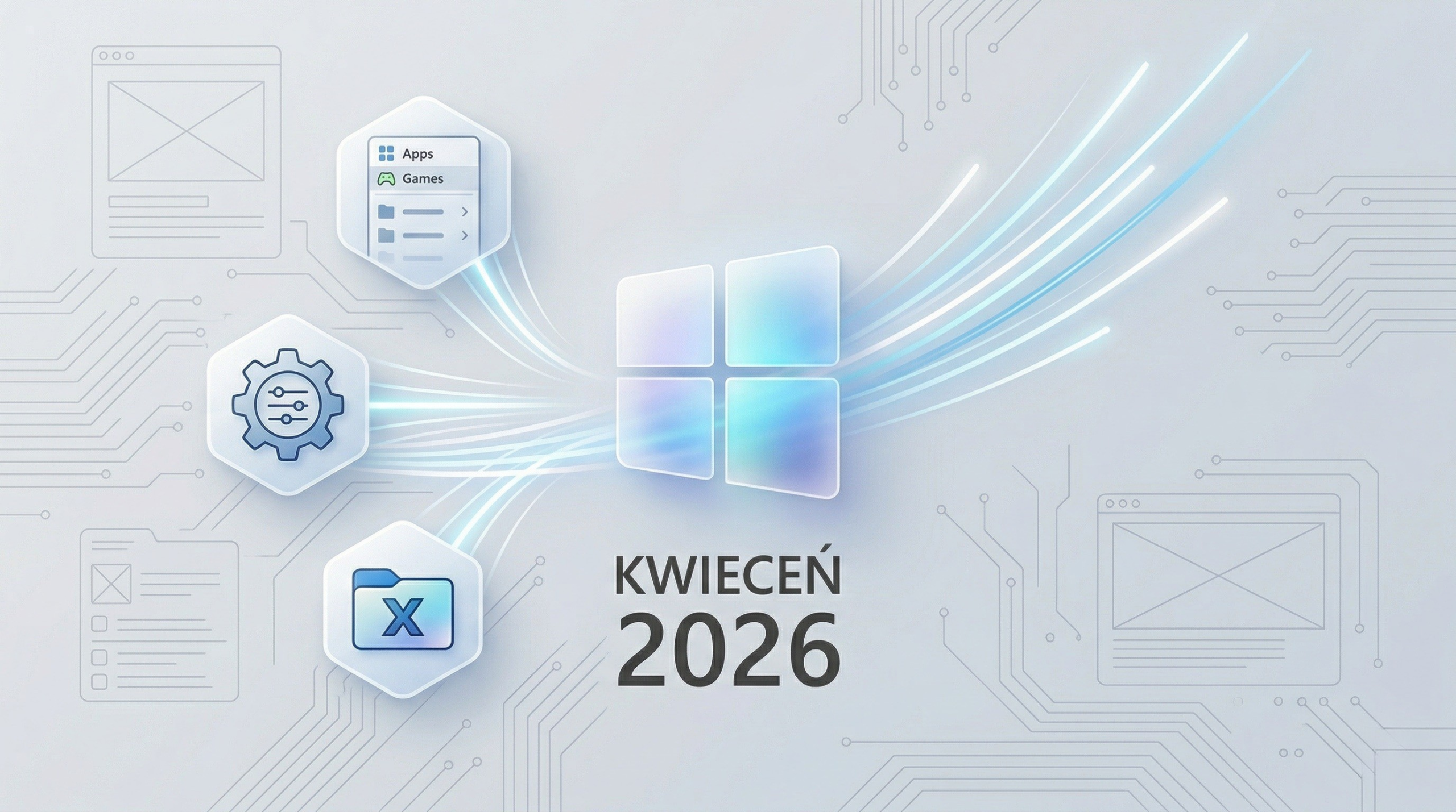 Jasna grafika z logo Windows 11 pośrodku, otoczonym ikonami Startu, ustawień, aplikacji i Eksploratora plików oraz liniami przypominającymi obwody. Kompozycja podkreśla kwietniowe zmiany w wydajności systemu i jego kluczowych funkcjach, a więcej informacji można znaleźć na stronie z artykułem.