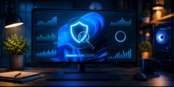 Monitor z panelem diagnostycznym Windows, ikoną tarczy i lupą oraz wykresami wydajności, obok komputer stacjonarny z podświetlanymi wentylatorami. Grafika ilustruje analizę wpływu Microsoft Defender na pracę komputera, o czym więcej na PrzyspieszKomputer.pl