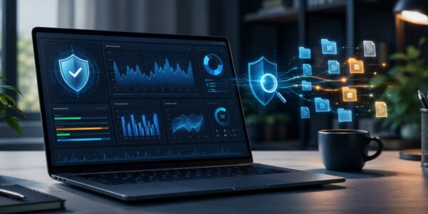 Laptop z panelem bezpieczeństwa, wykresami obciążenia systemu oraz ikonami plików skanowanych przez cyfrową tarczę, nawiązujący do diagnostyki wpływu antywirusa na wydajność komputera; więcej informacji znajdziesz w artykule na przyspieszkomputer.pl