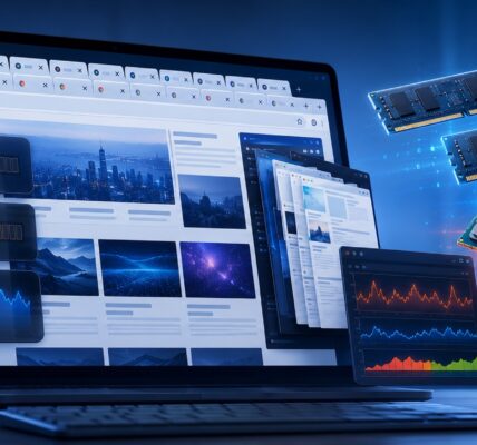 Laptop z wieloma kartami przeglądarki, wskaźnikami użycia pamięci RAM i CPU oraz elementami komputera symbolizuje diagnostykę obciążenia systemu przez strony, rozszerzenia i aplikacje webowe; więcej informacji na ten temat znajdziesz na stronie z artykułem na przyspieszkomputer.pl