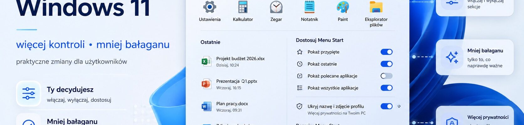 Grafika blogowa z interfejsem Windows 11, centralnym Menu Start, przypiętymi aplikacjami, ostatnimi plikami i przełącznikami personalizacji. Podkreśla większą kontrolę, mniej bałaganu i prywatność, a więcej informacji znajdziesz na stronie artykułu.