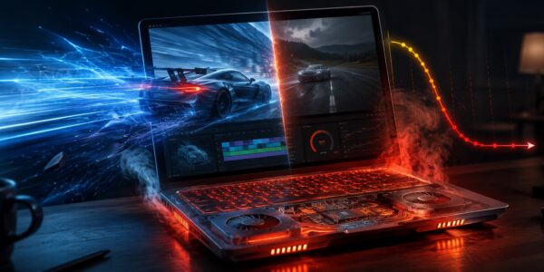 Futurystyczny laptop podczas obciążenia pokazuje kontrast między wysoką wydajnością a przegrzewaniem – niebieska dynamika gry po lewej, czerwone ciepło, wentylatory i spadkowy wykres po prawej; więcej o throttlingu CPU i GPU na przyspieszkomputer.pl