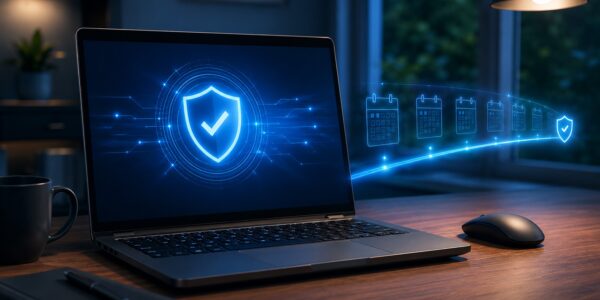 Laptop z cyfrową tarczą ochronną i ikonami kalendarza symbolizuje wydłużone aktualizacje zabezpieczeń Windows 10 ESU do 2027 roku. Więcej informacji o warunkach programu znajdziesz na stronie PrzyspieszKomputer.pl