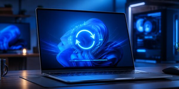 Laptop z motywem Windows 11 i ikoną odświeżania na ekranie, stojący na biurku obok komputera stacjonarnego. Grafika nawiązuje do automatycznego wdrażania aktualizacji Windows 11 25H2, o którym więcej można przeczytać na stronie PrzyspieszKomputer.pl