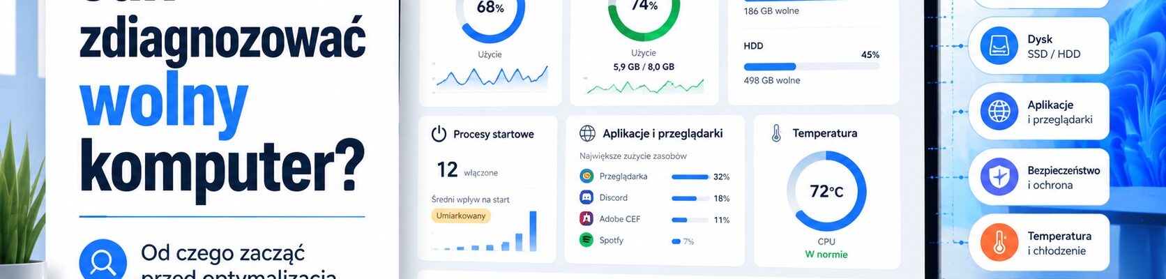 Laptop wyświetlający panel diagnostyki komputera z metrykami CPU 68%, RAM 74%, dyskiem SSD 82% i HDD 45% oraz temperaturą CPU 72°C. Poniżej wykresy zużycia zasobów i lista najbardziej obciążających aplikacji. Więcej o diagnostyce wolnego komputera dowiesz się z artykułu na przyspieszkomputer.pl
