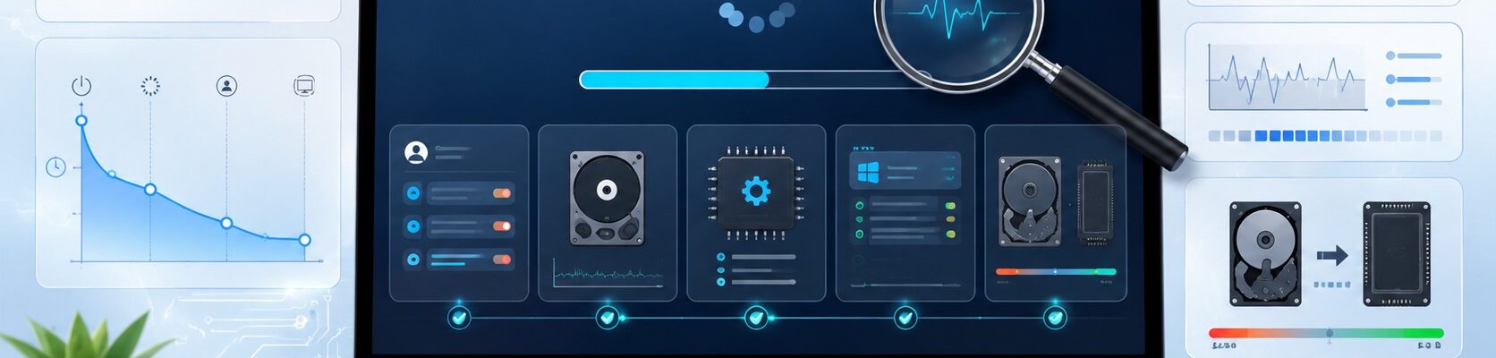Laptop wyświetlający panel diagnostyki startu komputera z wykresami wydajności, metrykami CPU, RAM i dyska oraz animacją ładowania. Na ekranie widać kropek serca systemu, paski postępu i ikony konfiguracji. Więcej o wolnym uruchamianiu komputera dowiesz się z artykułu na przyspieszkomputer.pl